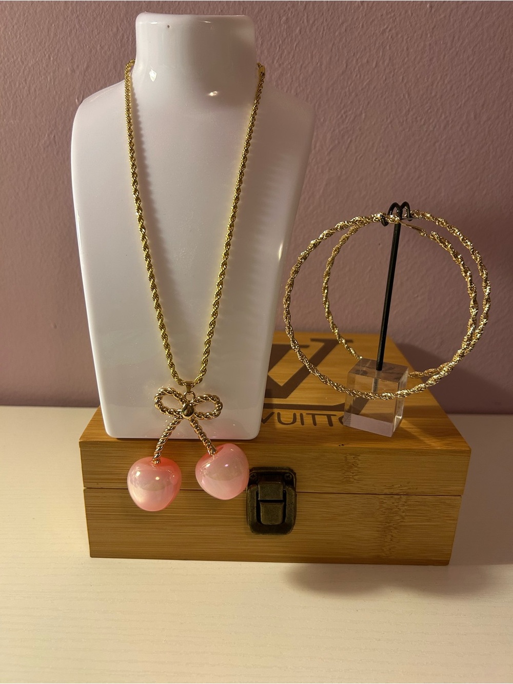 Gold-Tone Pink Cherry Pendant Necklace and Hoop Earrings…Women Jewelry